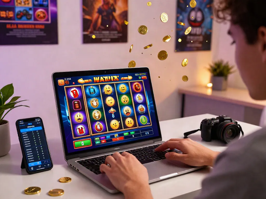 Engaged user playing slot jackpot on laptop with real-time stats and colorful graphics in modern home office.