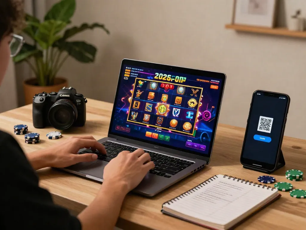Player enjoying a vibrant slot game experience at home with QRIS deposit option visible.