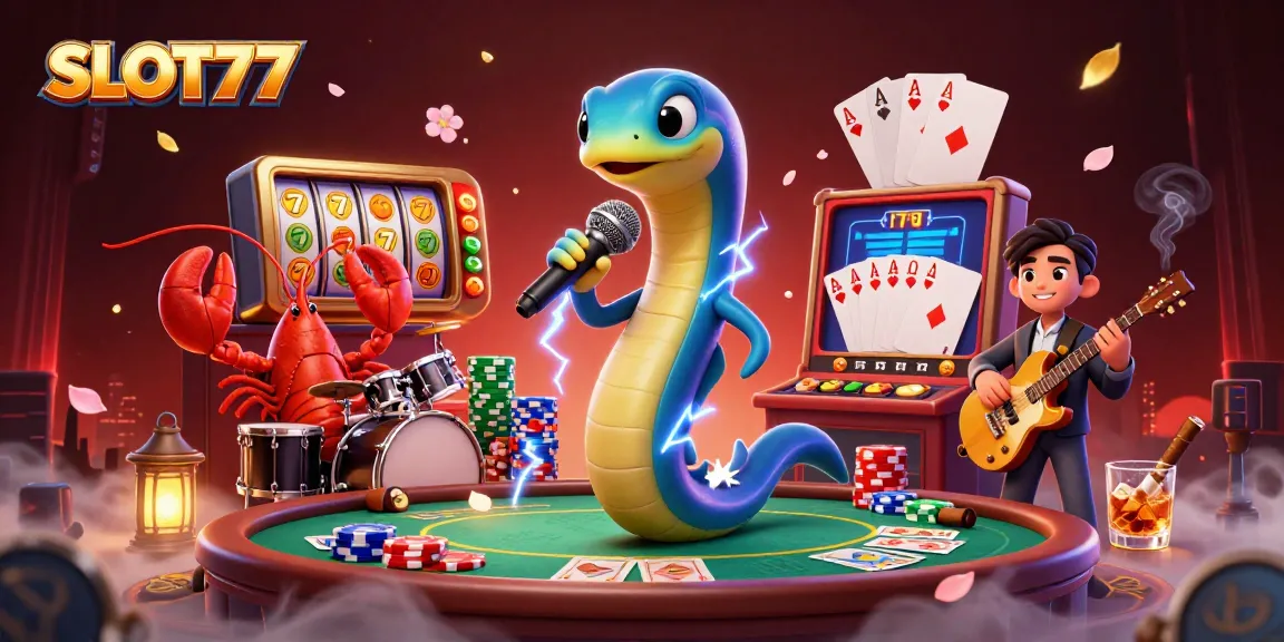 SLOT777 showcases an electric eel DJ in an energetic casino scene with vibrant slot reels and poker tables.