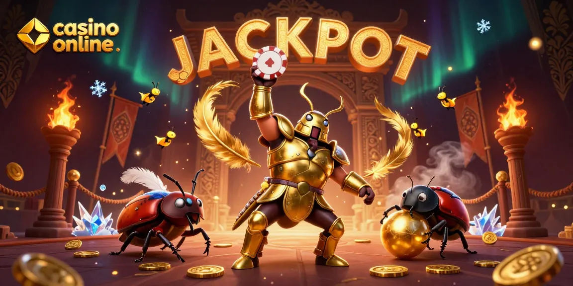 Un eroe dorato in gladiatore celebra un jackpot nel casinò online con amici insetti.