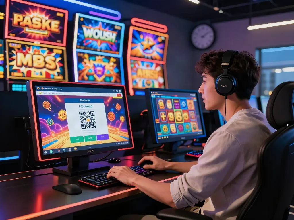 Player engaging with modern slot games on a touchscreen device, showcasing vibrant slot graphics and QRIS payment interface.