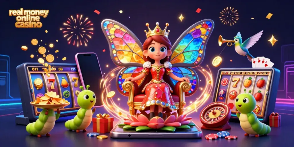 Experience vibrant excitement at a real money online casino with a fantasy-themed illustration of a butterfly queen and gaming elements.