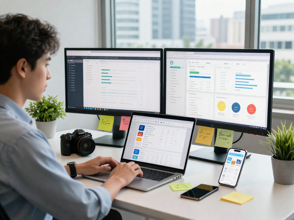 Buy iOS installs research in a modern office with app analytics