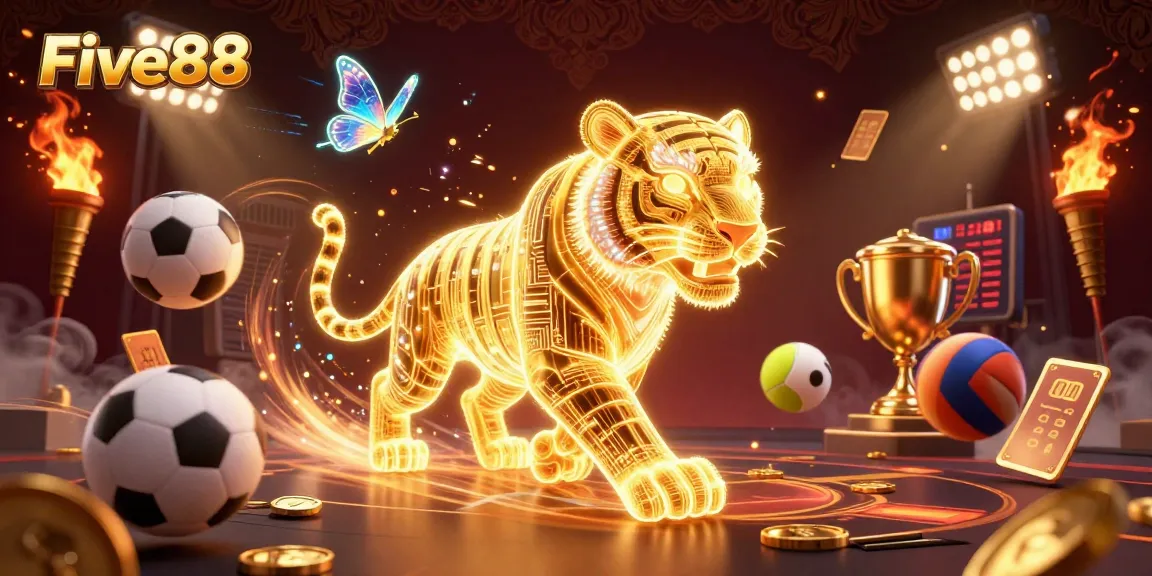 Five88 showcases an energetic scene with a glowing tiger and vibrant sports elements in a digital casino.