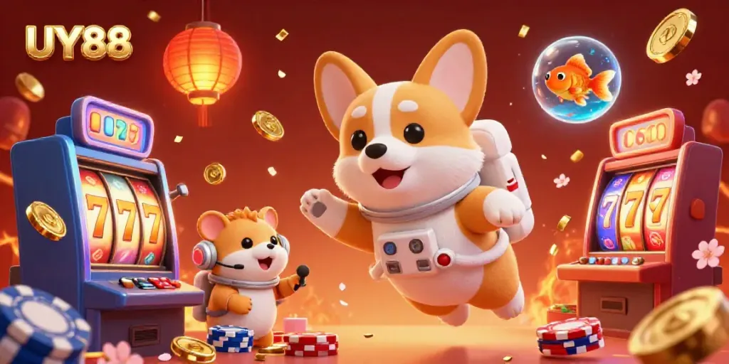Experience UY88's exciting slot action with floating coins and vibrant casino elements in a whimsical scene.