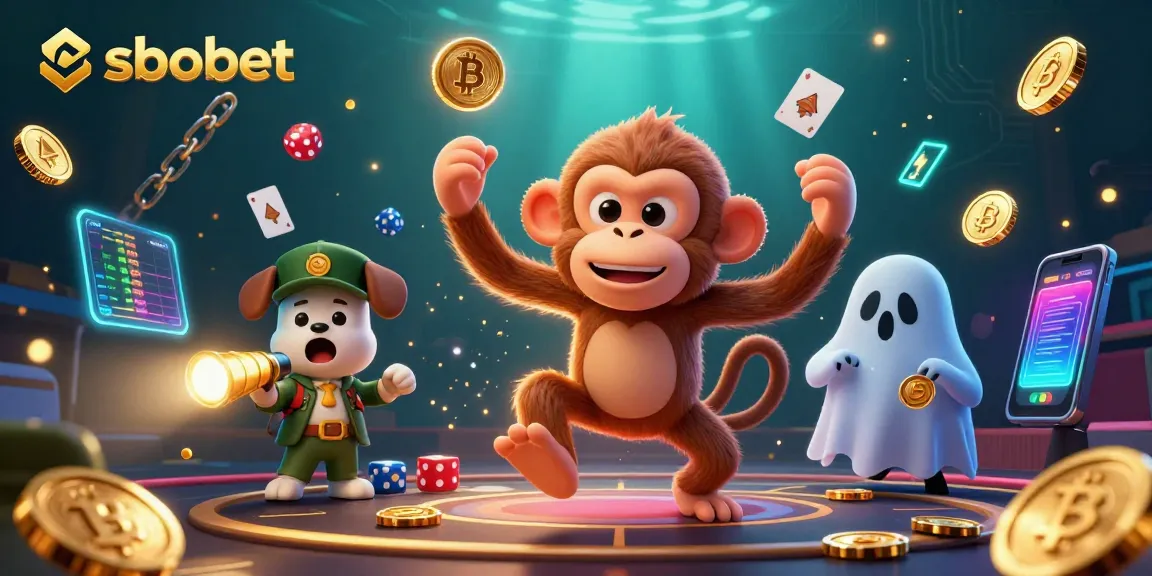Engage with sbobet sports betting featuring a mischievous monkey and a ghost puppy in a vibrant scene.