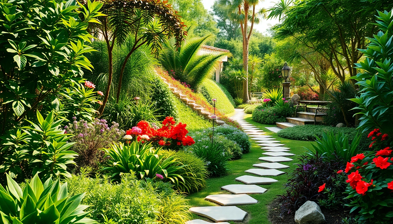 Landscaping services displayed in a vibrant garden with colorful plants and pathways.