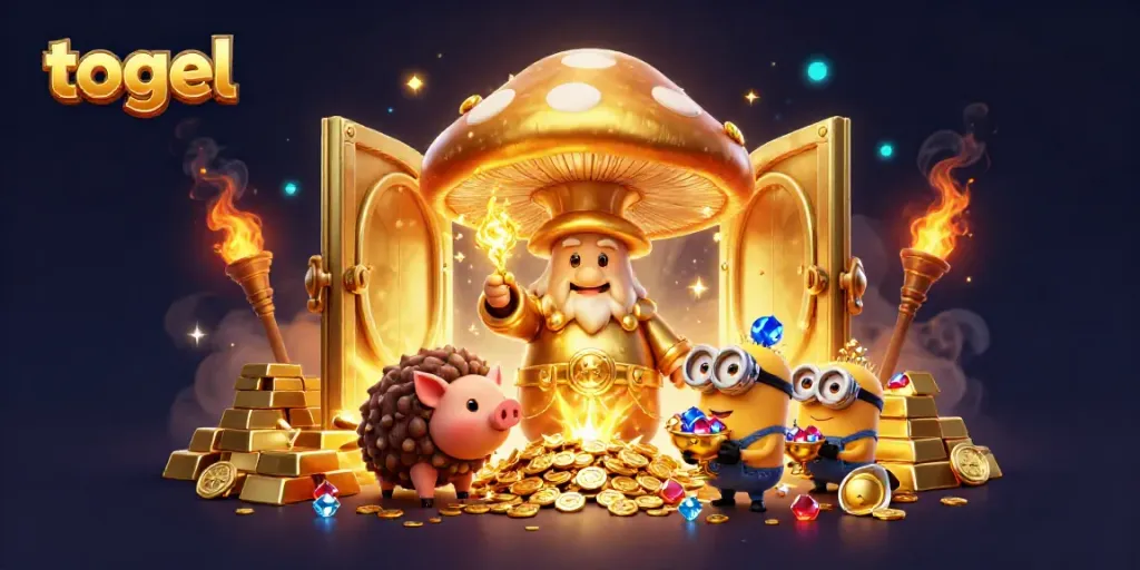 Join the thrilling togel adventure with a golden mushroom wizard, treasure, and gems in a magical casino setting.