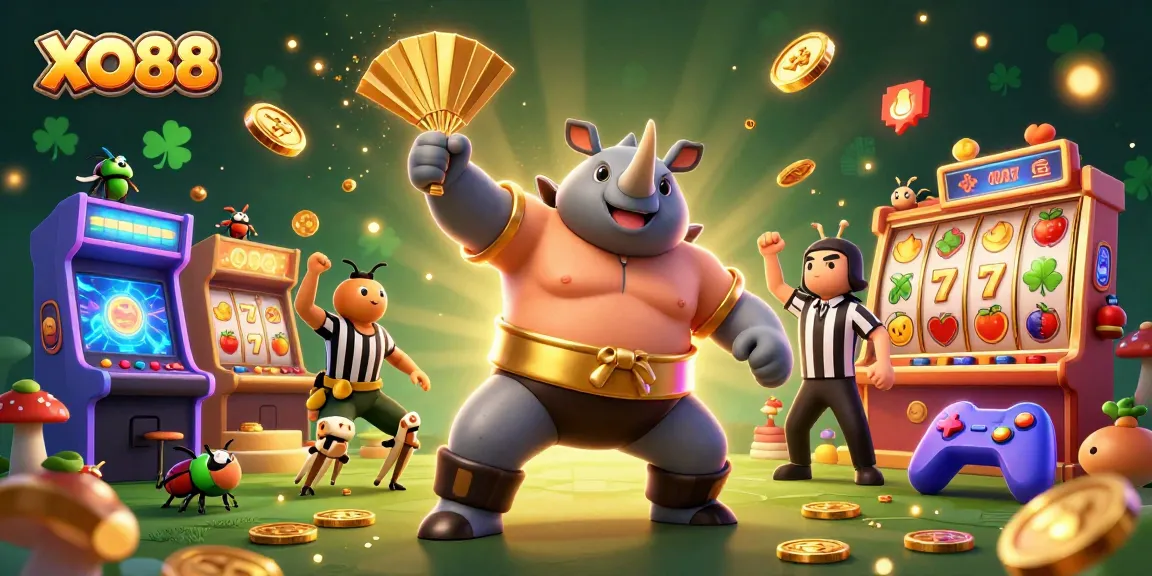 Experience majestic XO88 gameplay with a beetle champion surrounded by vibrant casino symbols.