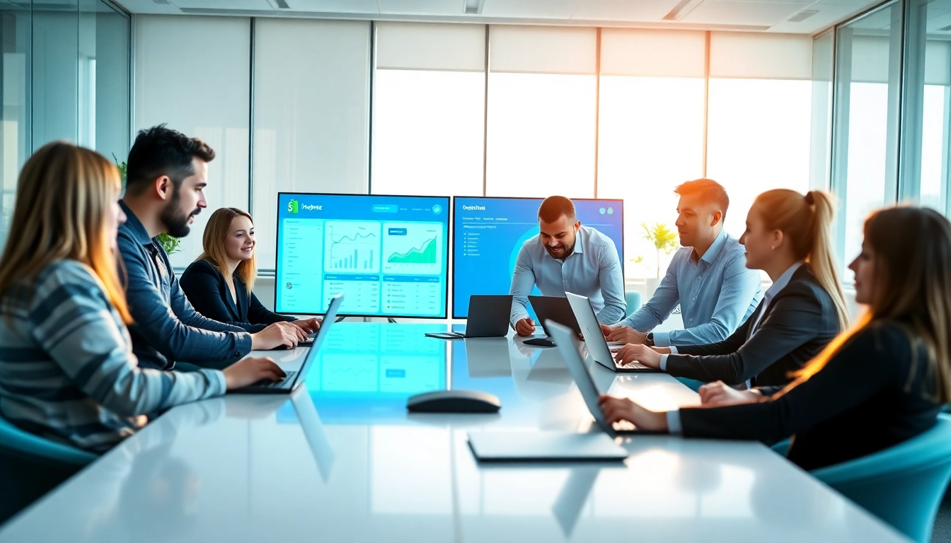 Engaging digital marketing team focusing on Shopify development agency strategies in a modern office.