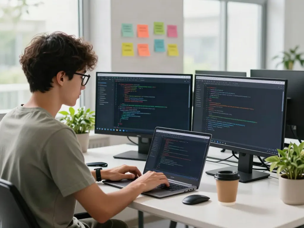 Developer coding in a modern workspace emphasizing brave浏览器's innovative technology.