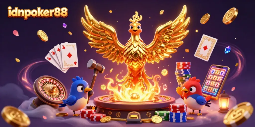 Experience idnpoker88's vibrant casino atmosphere with golden phoenix and treasure elements.
