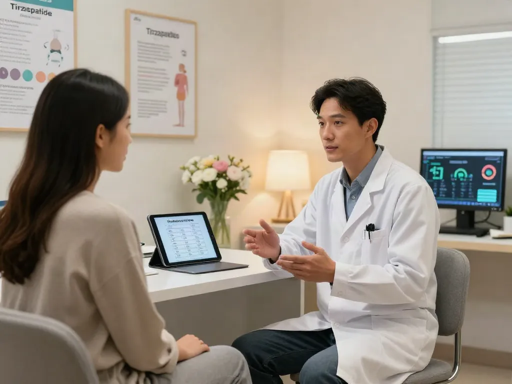 Tirzepatide consultation at Nox Peptides showing patient discussing weight management options.
