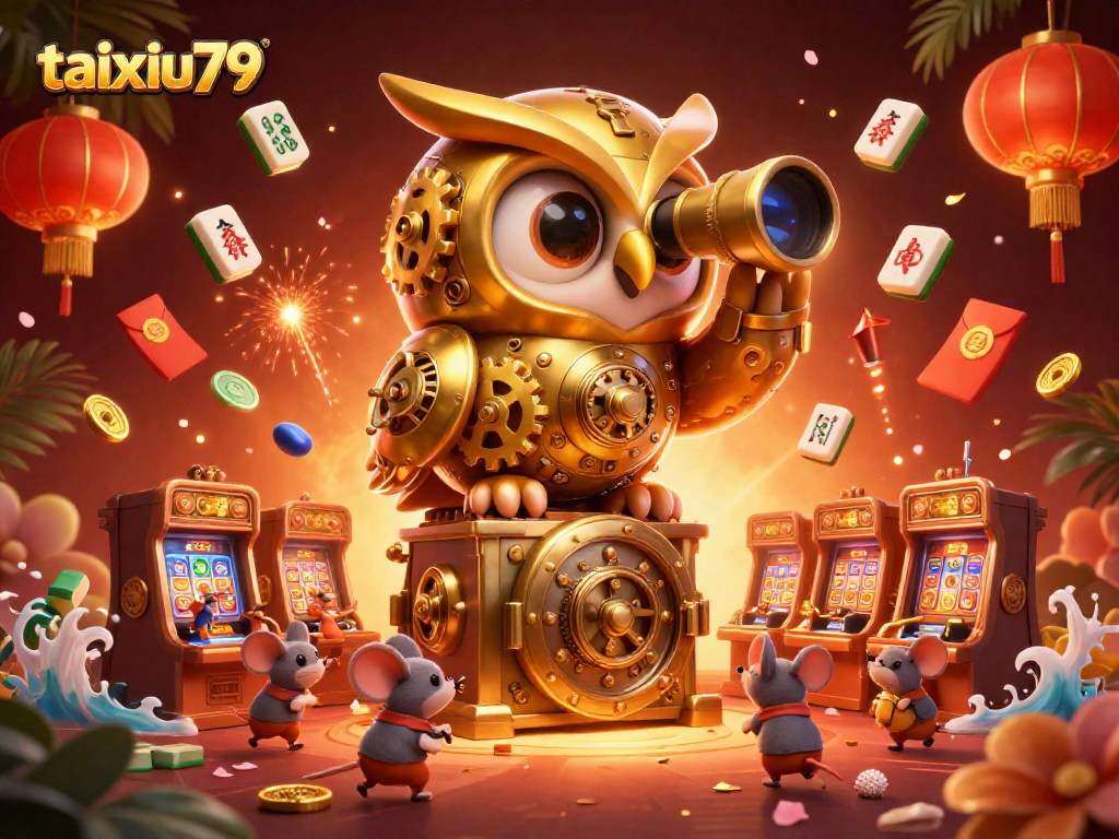 Experience thrilling taixiu79 action with a vibrant clockwork owl and mouse patrons in a casino