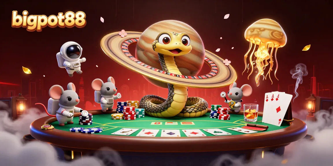 Experience thrilling bets at bigpot88 with astronaut mice and cosmic dealer in a vibrant casino scene.