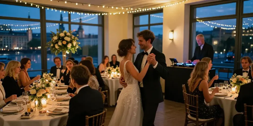 Hochzeit DJ Berlin Brandenburg at a vibrant wedding reception with dancing couple and DJ.