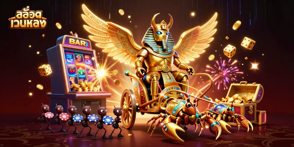 Experience the excitement of สล็อตเว็บตรง with a spectacular scene of a giant golden scarab and casino elements bursting with action.