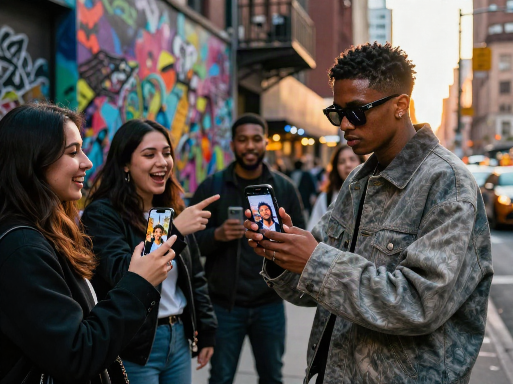 Person using a celebrity look alike app in a city street at sunset
