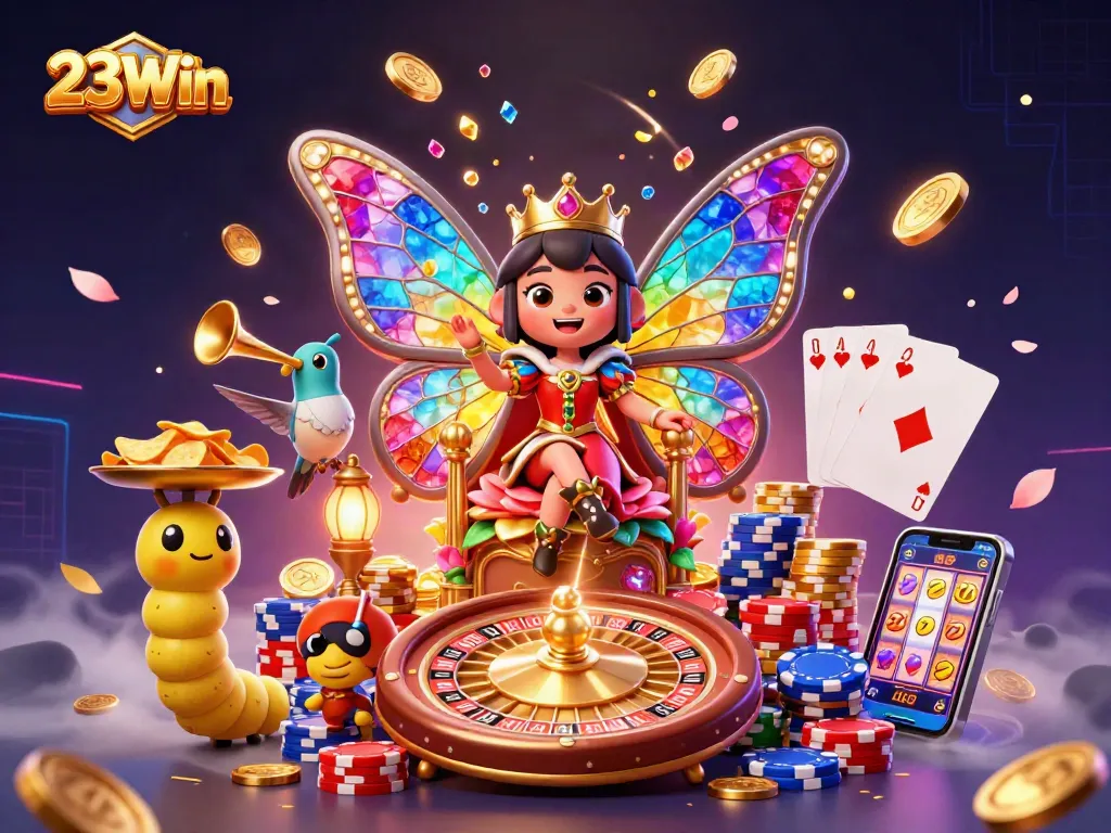 Experience excitement at 23Win with a dazzling 3D casino scene full of gaming treasures.