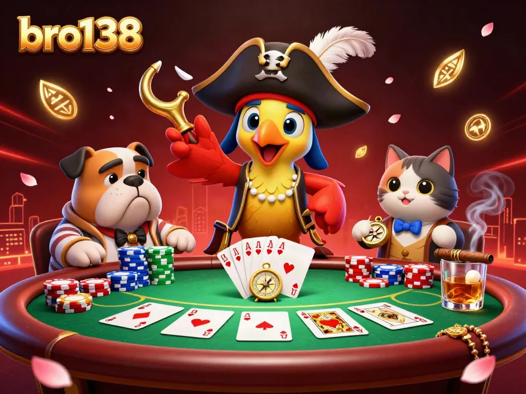 Experience exciting plays at bro138 with a colorful pirate-themed poker scene featuring animated characters.