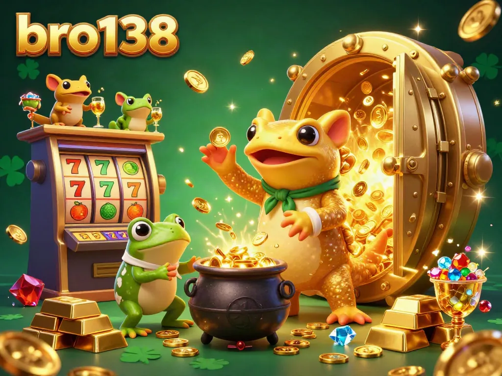 Win big with bro138 as lucky characters transform base metals into gold coins in a lively casino scene.