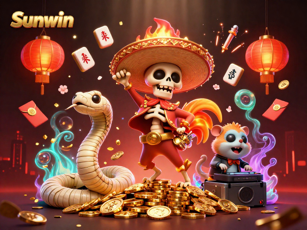 Experience thrilling wins at Sunwin with vibrant 3D characters amidst shimmering casino elements.