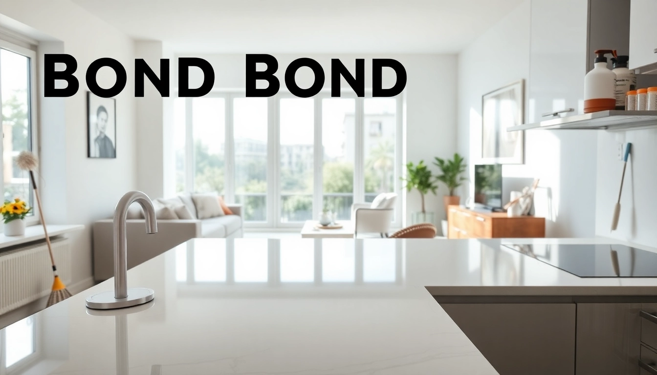 Bond cleaning in a spotless home, highlighting gleaming surfaces and professional tools.
