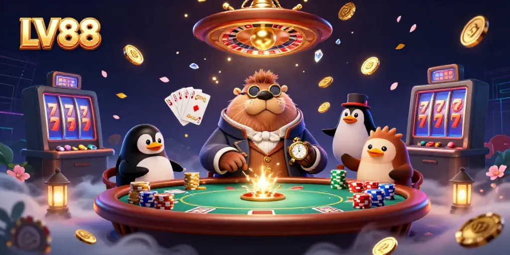 Engage in thrilling games at LV88 with vibrant characters, coins, and poker action.