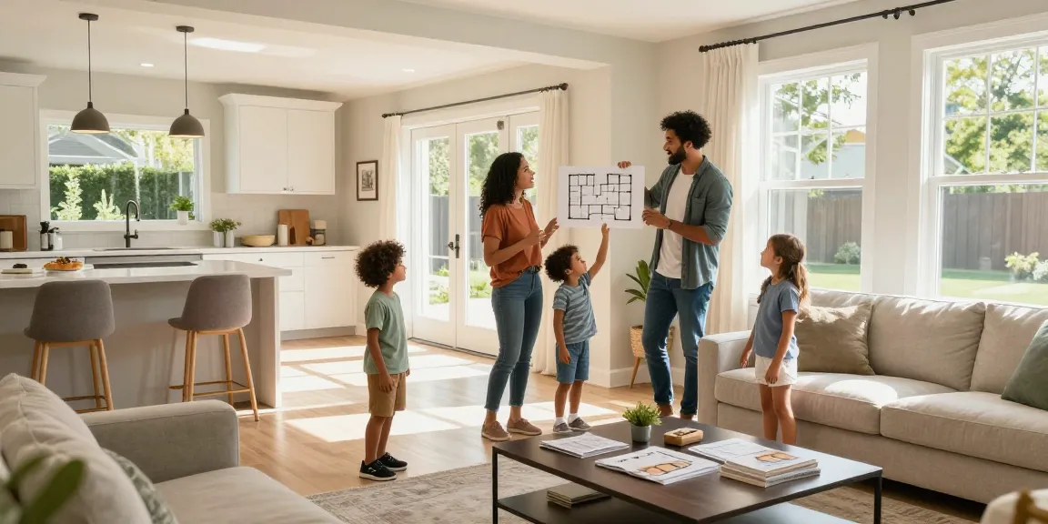 Família feliz explorando a nova casa da Woning Unie, com luz natural e decoração moderna.