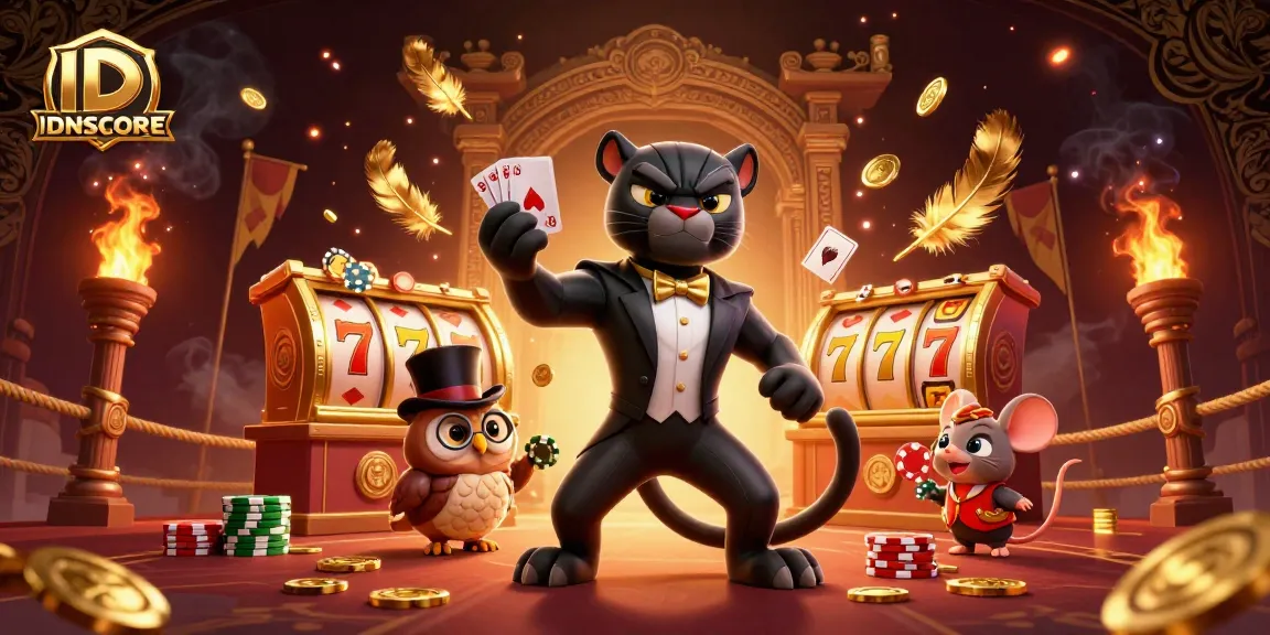 Experience thrilling gameplay at IDNSCORE with a stylish panther dealer, an owl with poker chips, and a lucky mouse.