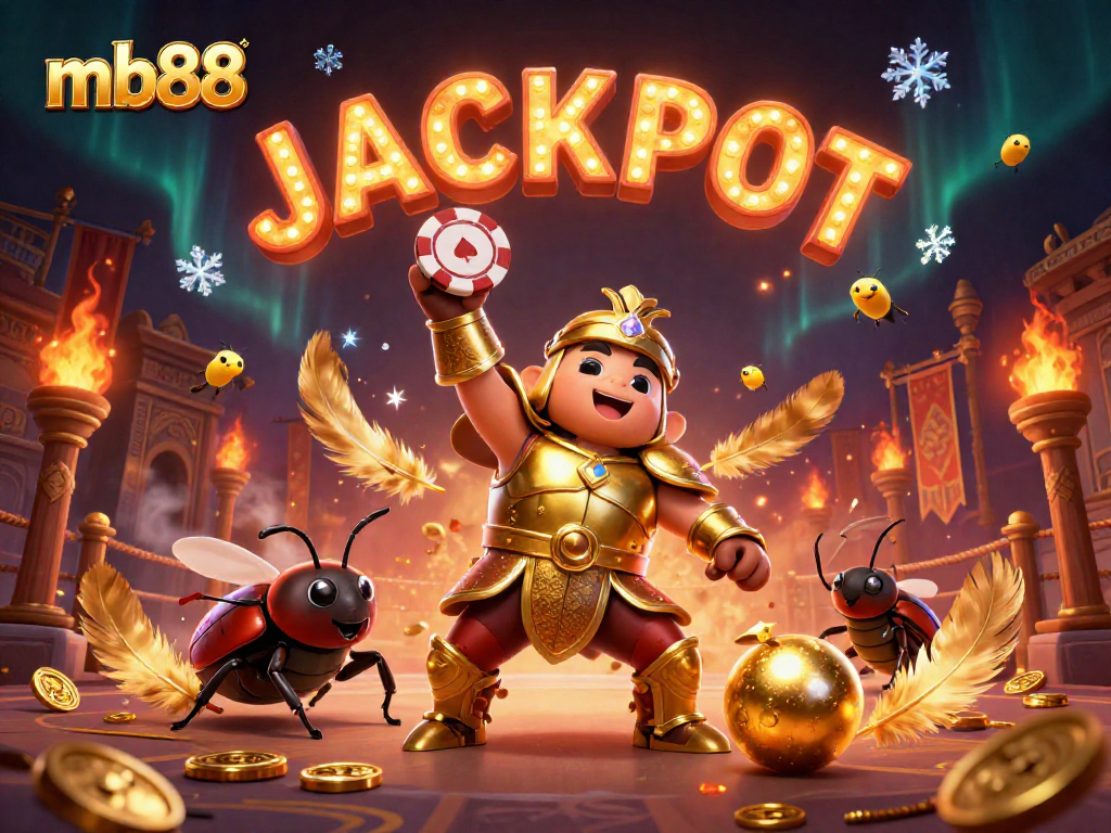 Experience mb88's thrilling jackpot moments with a gladiator beetle celebrating in a vibrant casino.