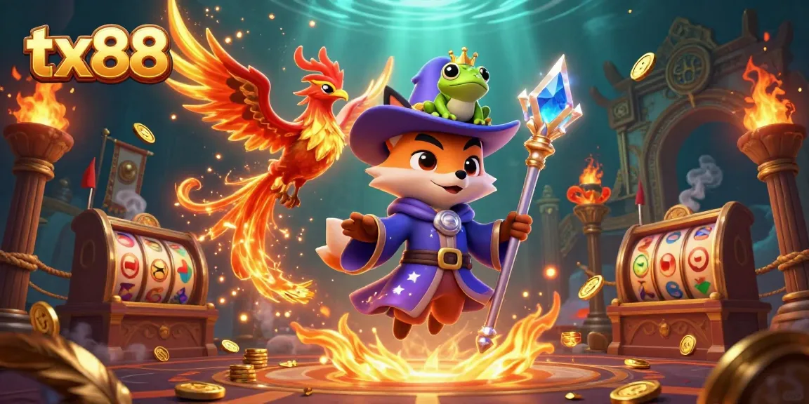 Engage with the vibrant casino scene featuring tx88, where a wizard fox and phoenix amid slot reels spark excitement.