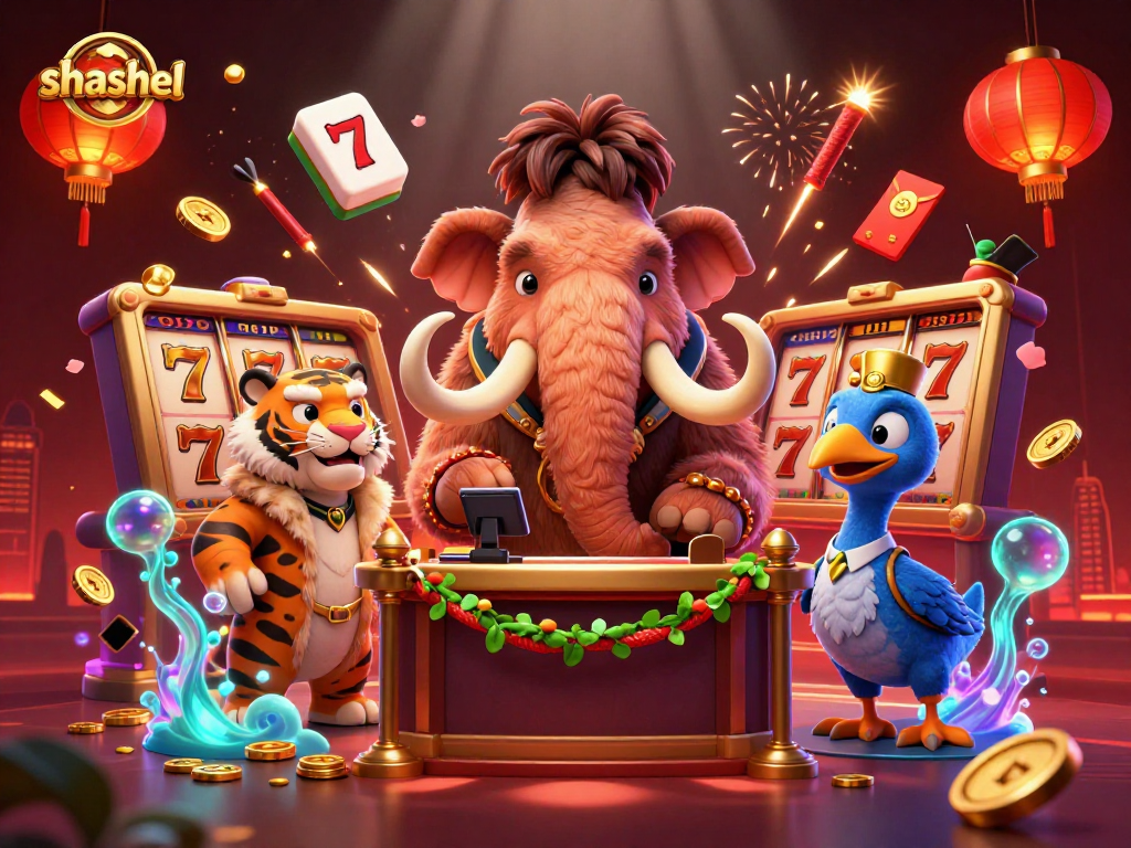 Experience vibrant casino energy with shashel showcasing a saber-tooth tiger and woolly mammoth in a bustling scene