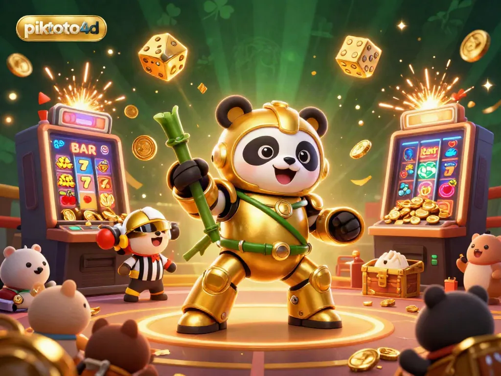 Experience thrilling slots action with piktoto4d as golden panda and robot battle in an exciting casino arena!