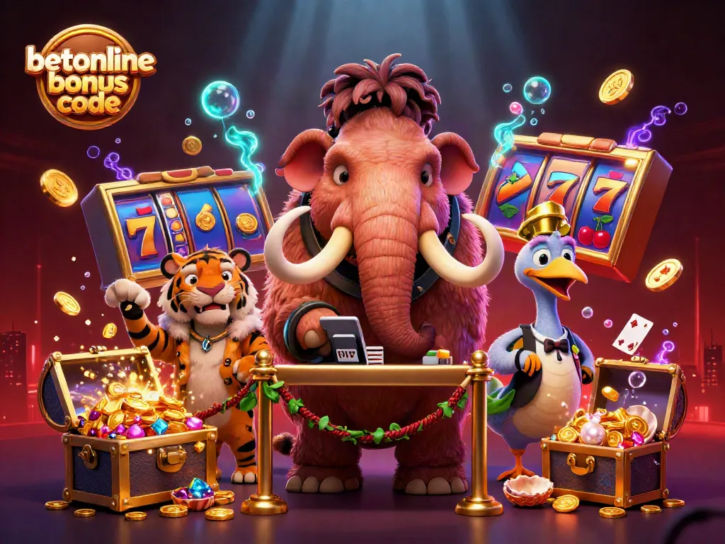Experience thrilling action with the betonline bonus code, featuring vibrant slot reels and cartoon characters in a dynamic casino scene.