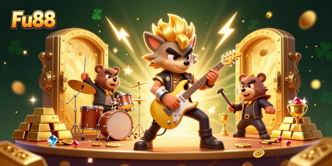 Experience the thrill of Fu88 with a lively casino scene featuring a rock star wolf and a drummer bear