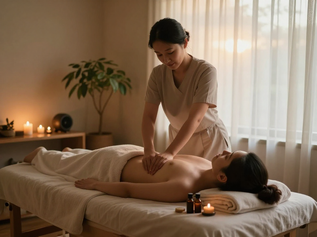 마사지와 아로마 오일이 조화롭게 어우러져 편안한 분위기를 조성하는 스웨디시 마사지 장면