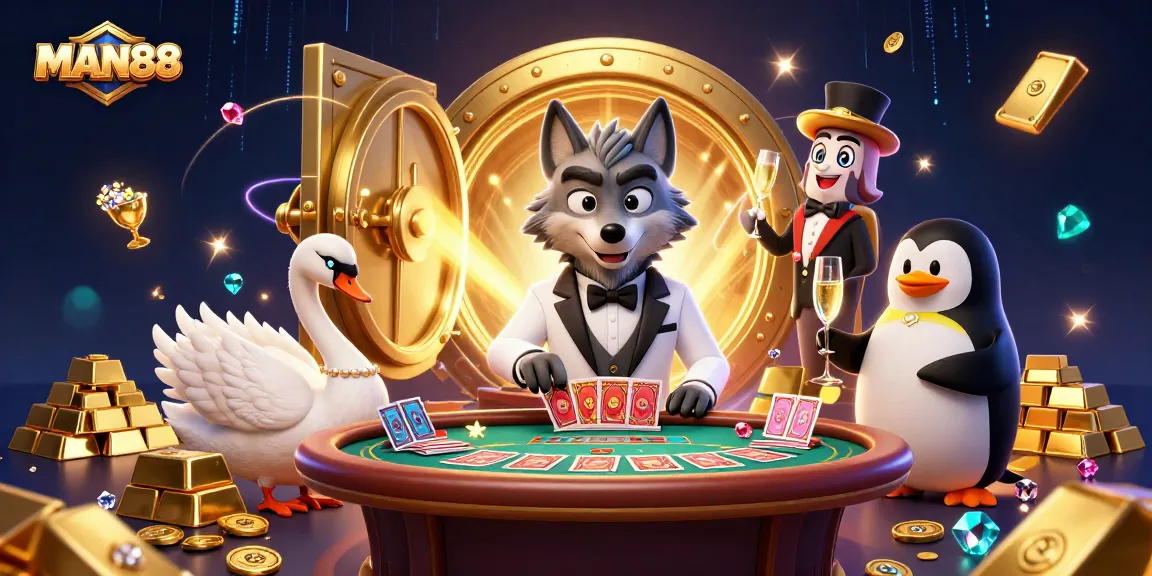 Engage with MAN88's glamorous baccarat experience featuring a debonair wolf, swan dealer, and penguin sommelier.