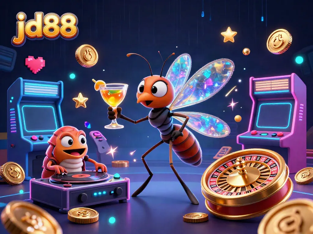 Experience excitement at jd88 with a lively 3D casino scene featuring a mosquito mascot, trilobite DJ, and roulette wheel.