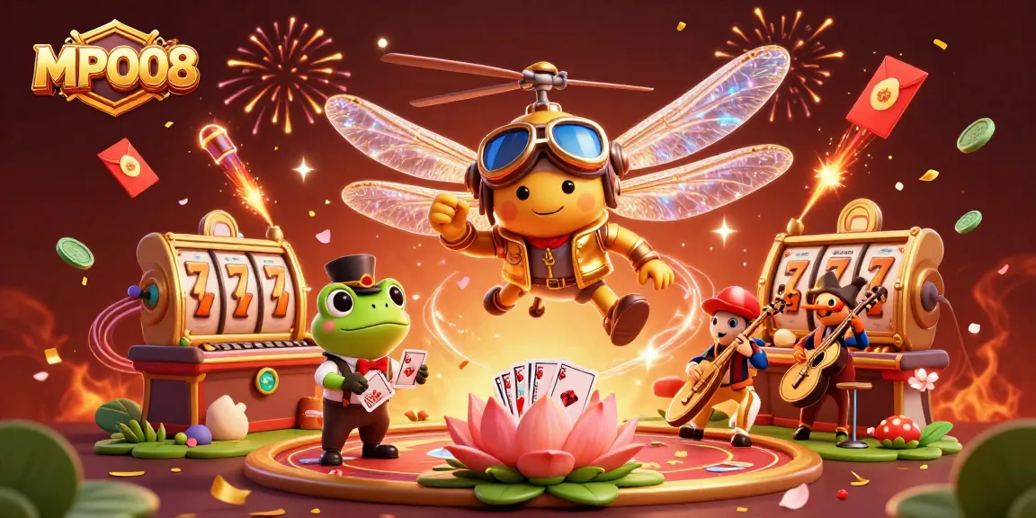 MPO08 offers thrilling gaming action with a dragonfly pilot and frog croupier in an exciting casino setting.