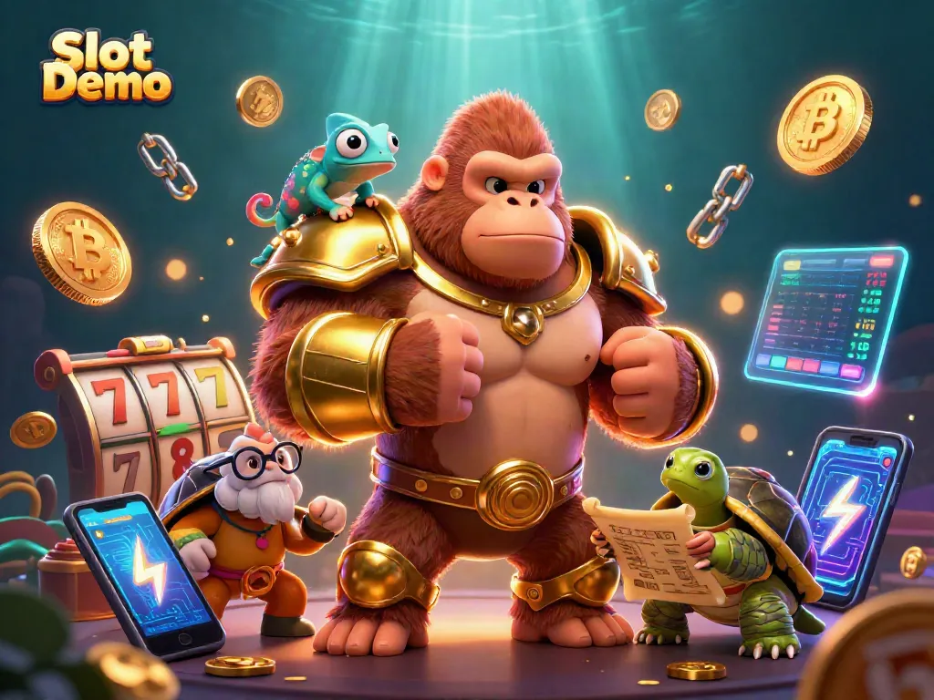Engage with the Slot Demo showcasing colorful slot reels and a powerful gorilla king in an epic casino scene.