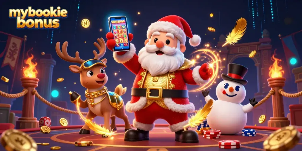 Spin the reels with the MyBookie bonus at a lively casino featuring festive characters.