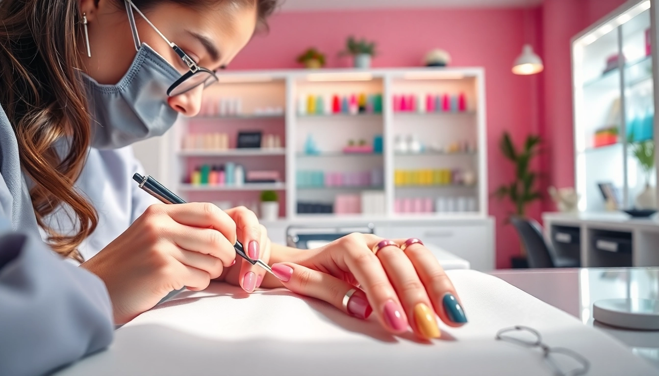 Sculpted nails being designed by a professional nail artist in a modern salon setting.