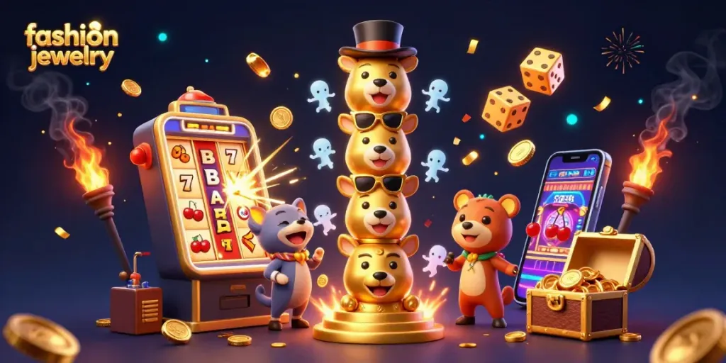 Experience fashion jewelry excitement with animated casino elements and colorful slot machines.