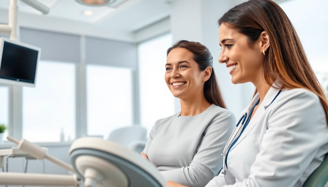 Visit a friendly dental office where a dentist engages with a patient in a bright, inviting setting.