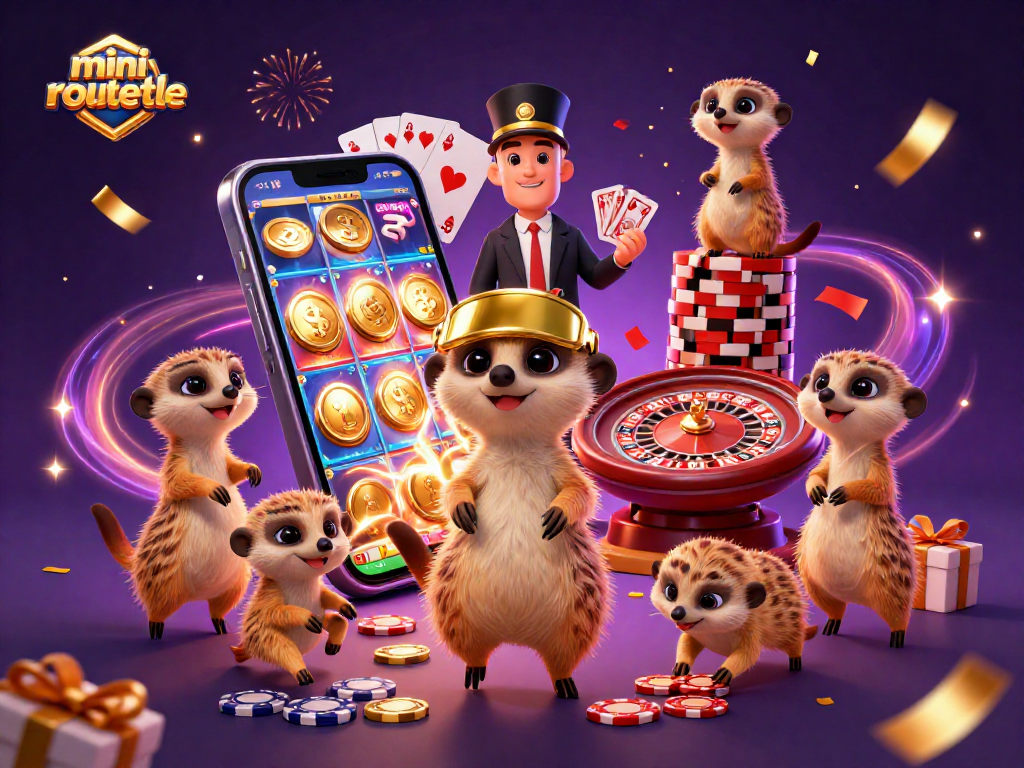Experience mini-roulette magic as meerkats manage a vibrant casino amidst swirling confetti and vibrant scenes.