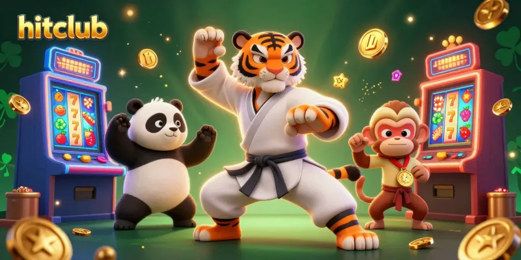 hitclub enhances gaming with vibrant slots, showcasing a kung fu master, panda disciple, and playful monkey.