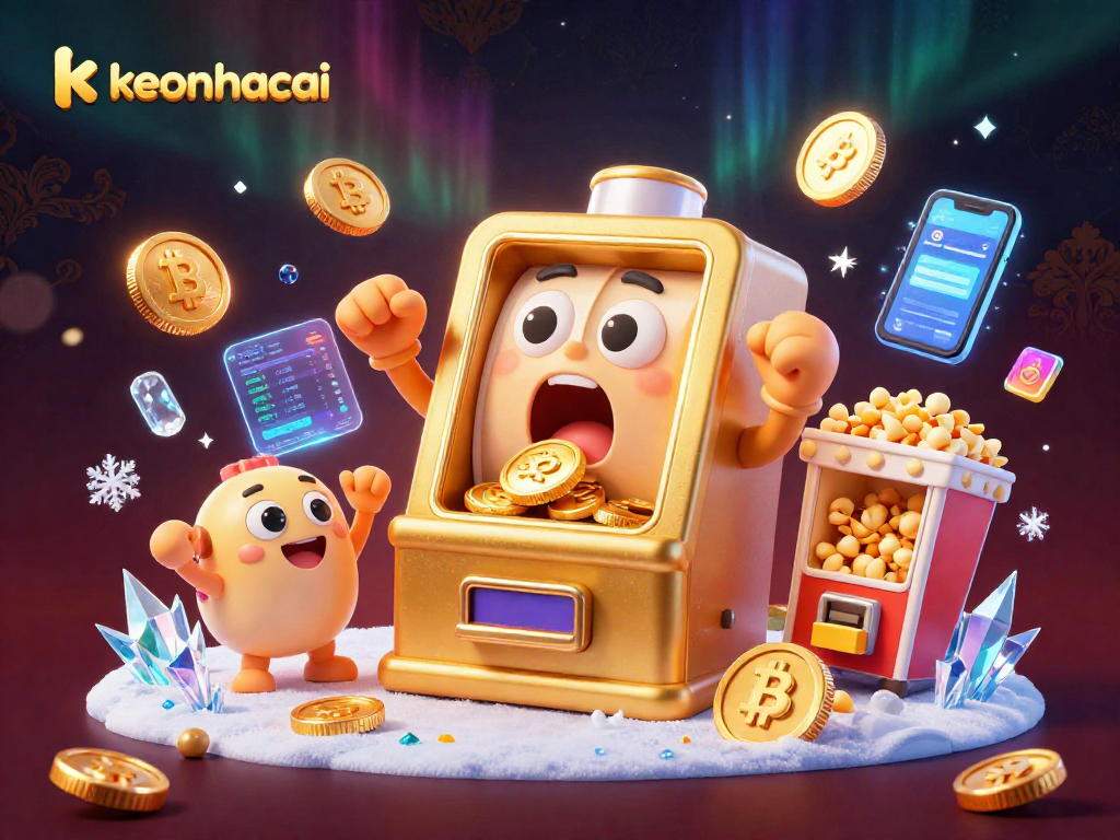 Win big with keonhacai as a golden slot machine celebrates its jackpot amidst crypto coins and festive characters.
