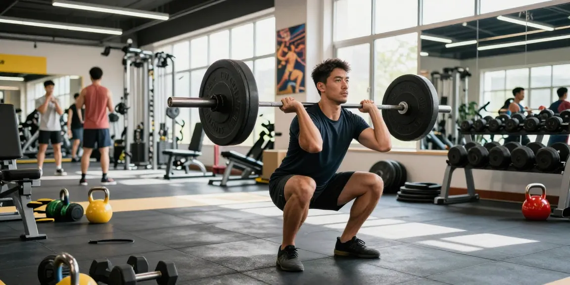 Dynamic fitness session at Somatrop Steroid Shop, showcasing a man lifting weights in an energetic gym.