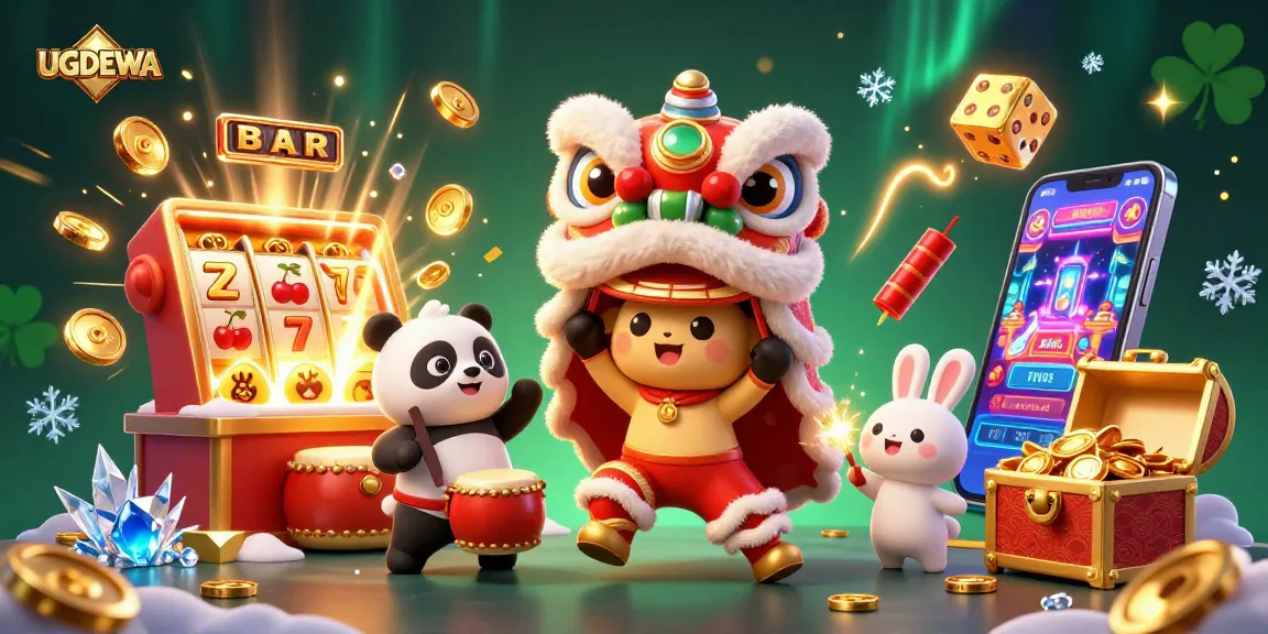 Experience exciting gaming adventures with UGDEWA's dynamic slot machine and colorful characters amidst vibrant casino elements.
